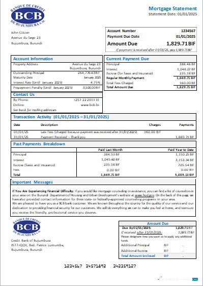 Download Burundi Credit Bank of Bujumbura bank mortgage statement scr Photoshop template